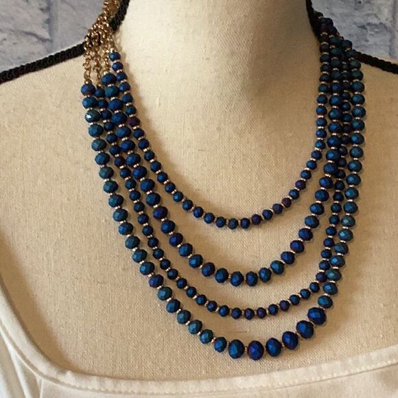 Dark Blue & Gold 4-Strand Beaded Necklace - Picture 4 of 5